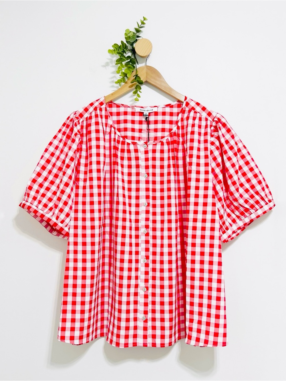 Rose & Olive Red White Check Print Puff Sleeves Romantic Blouse Plus Size - Picture 2 of 8